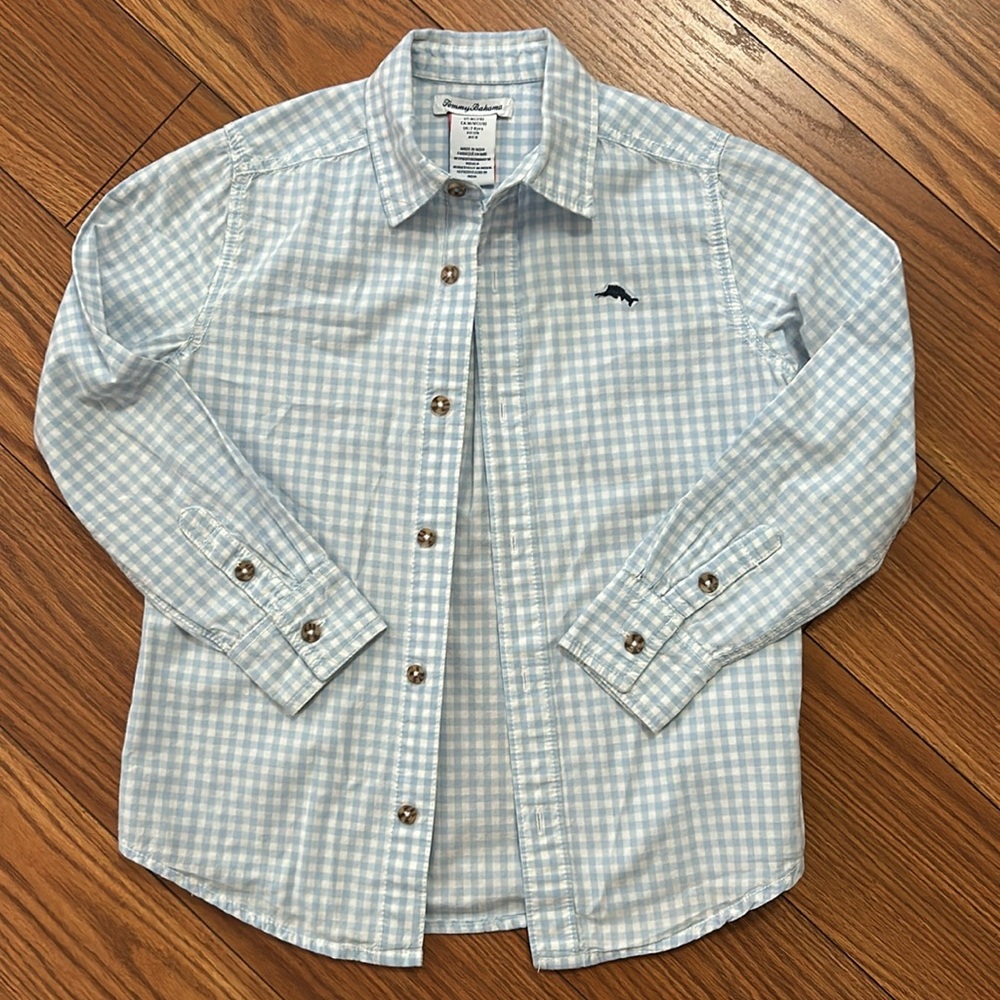 Tommy Bahama light blue  Checkered boys cotton dress shirt long sleeve szM(7/8)